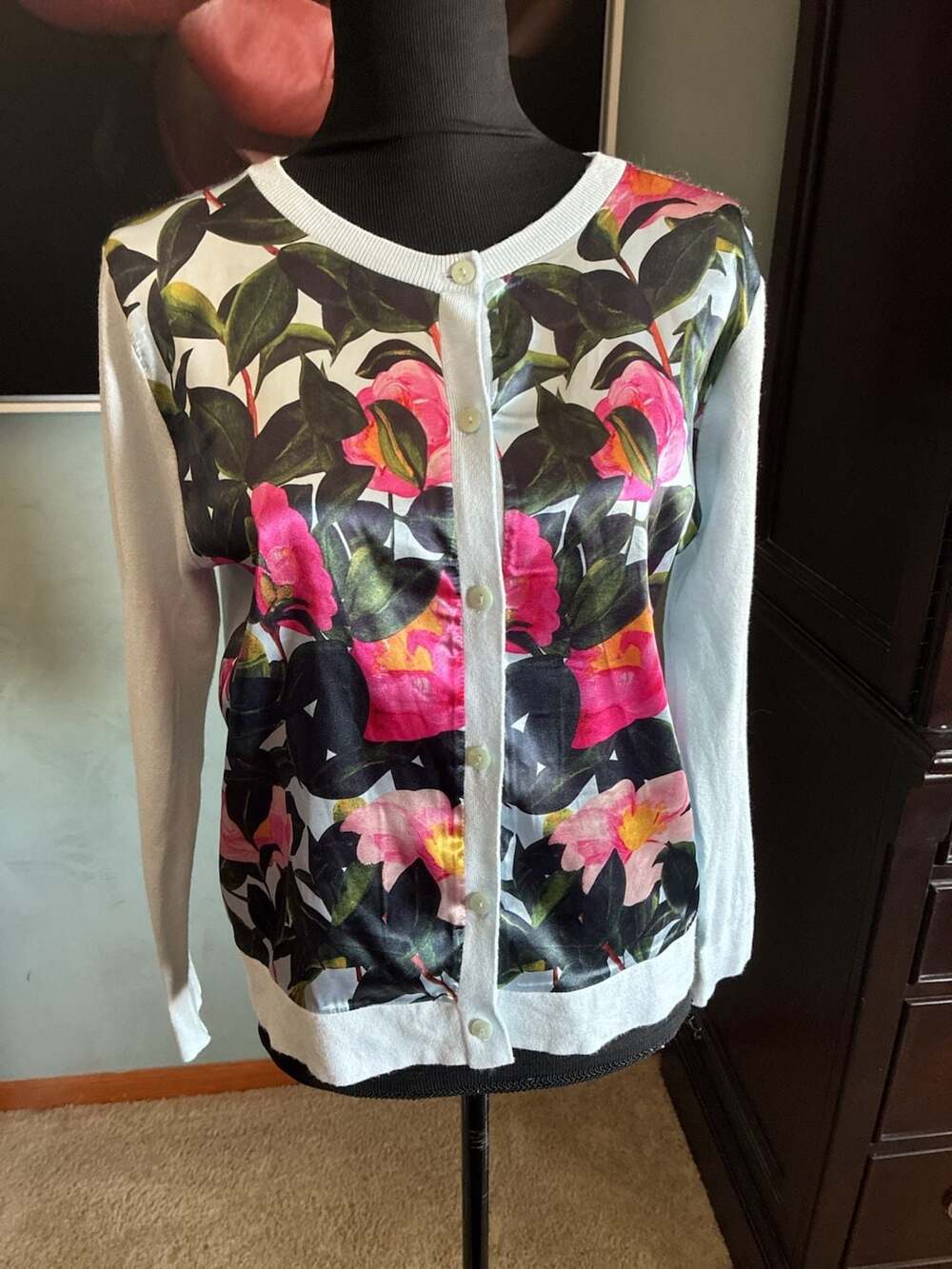 Sioni Camellia Floral Print Silk Front Knit Cardigan Sz M A577